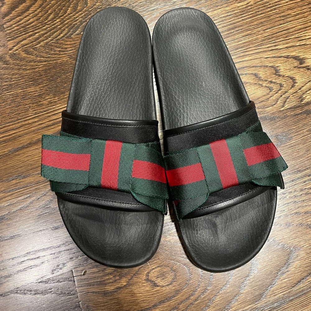 GUCCI BOW WEB SATIN RED AND GREEN SANDALS SIZE 11 41 I